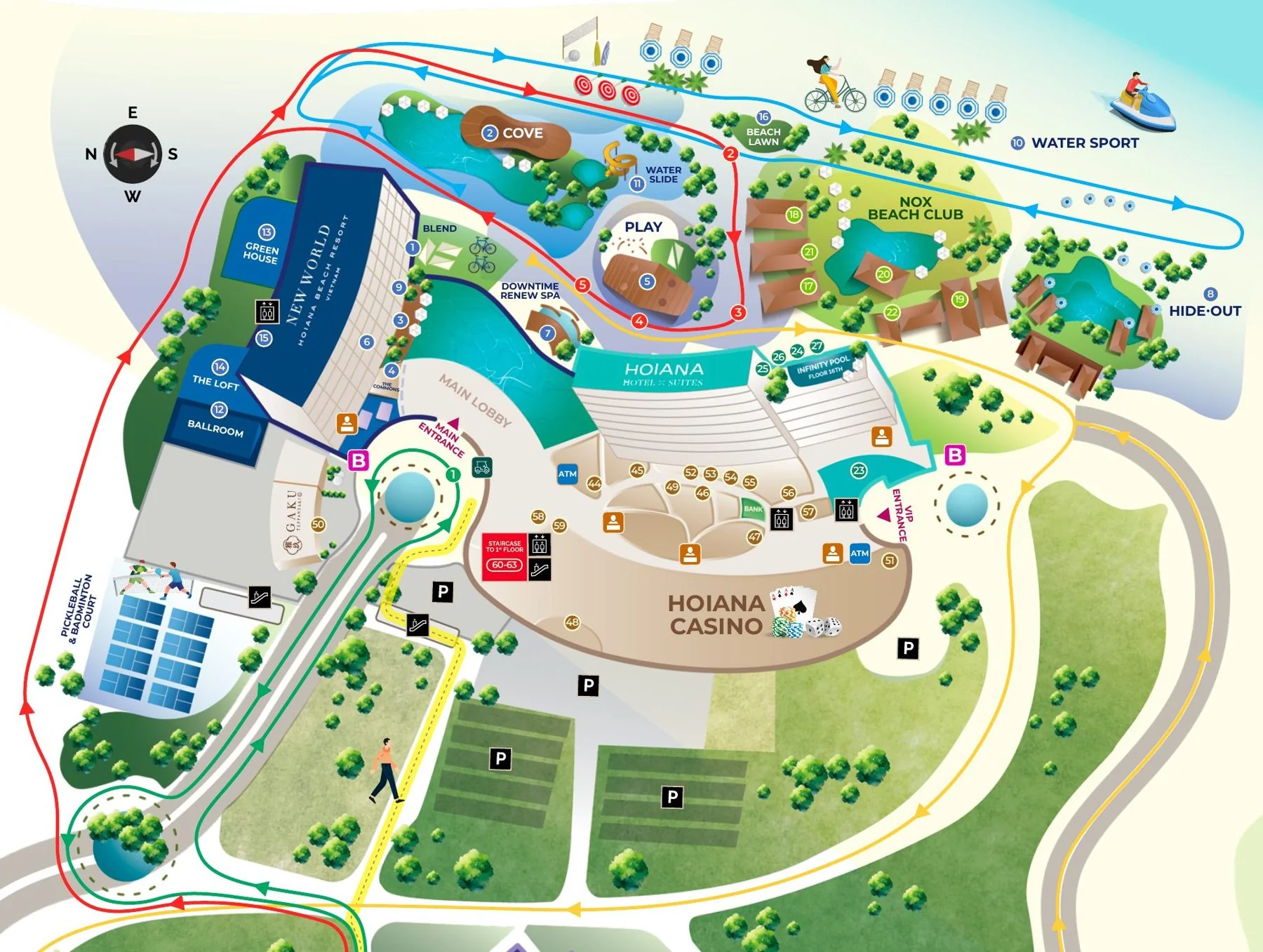 Illustrated map of the Hoiana resort showing the New World Beach Resort, pools, beach club and courts